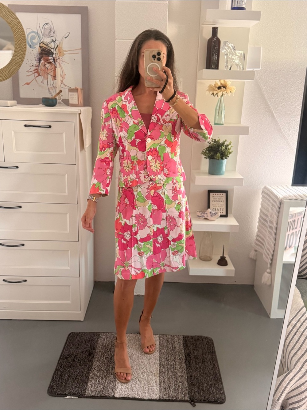 George Pink Floral Two-Piece Skirt Set with Green Accents